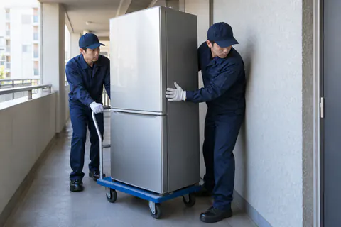 冷蔵庫を運び出すスタッフ