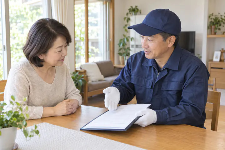 見積書を見せて料金を説明するスタッフ